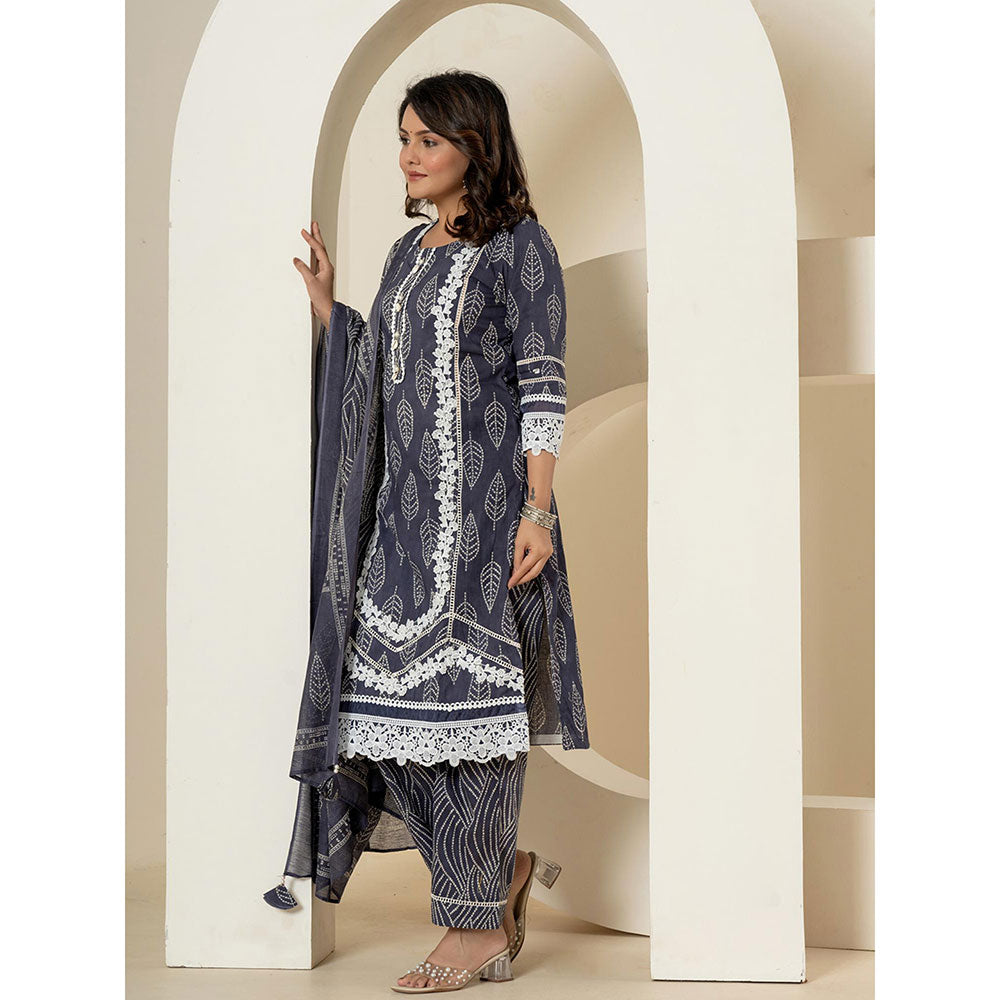 Yufta Navy Blue Straight Kurta and Pants with Dupatta (Set of 3)