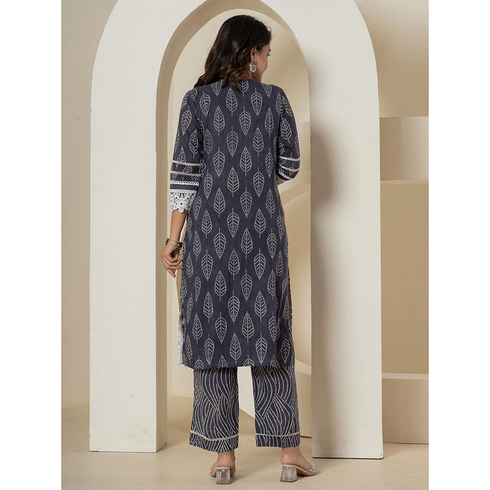 Yufta Navy Blue Straight Kurta and Pants with Dupatta (Set of 3)