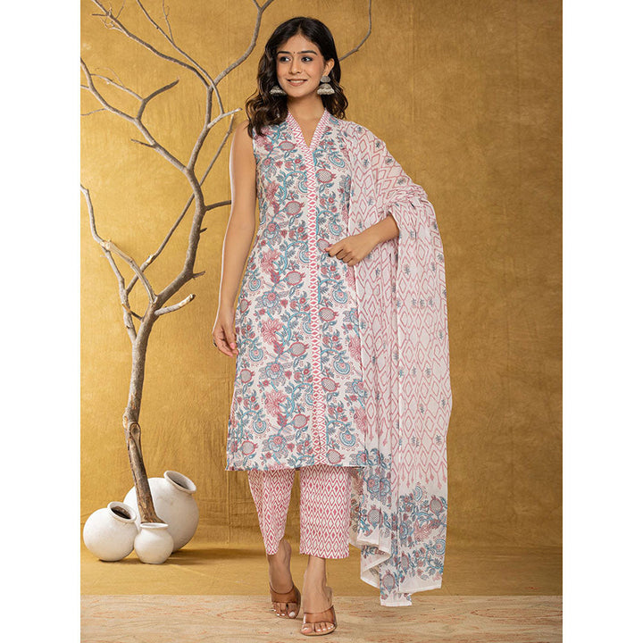 Yufta Cotton Blue Floral Kurta and Pants with Dupatta (Set of 3)