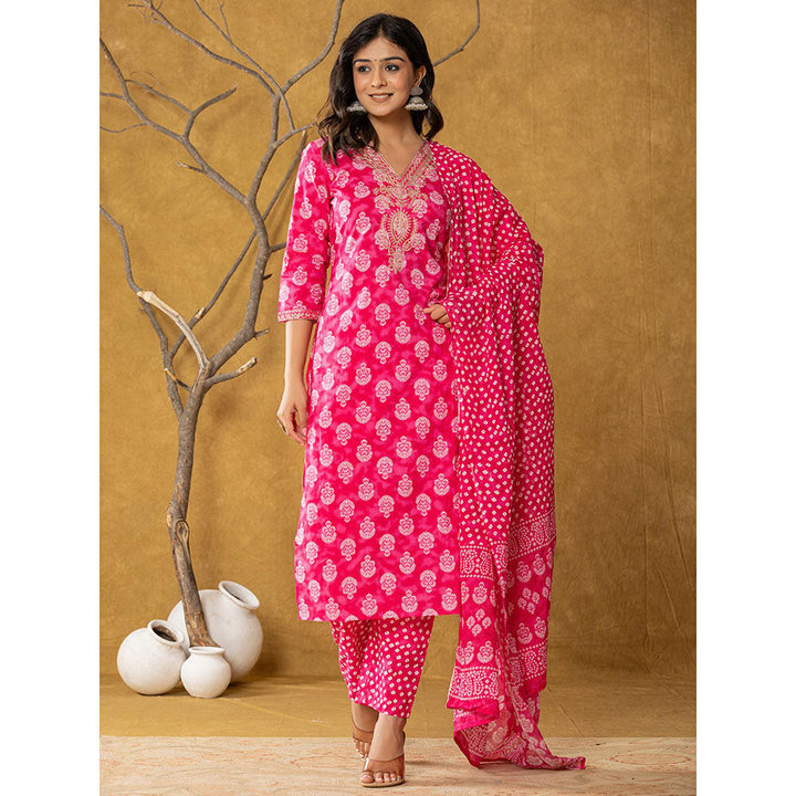 Yufta Pink Cotton Straight Kurta and Pants with Dupatta (Set of 3)