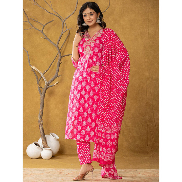 Yufta Pink Cotton Straight Kurta and Pants with Dupatta (Set of 3)