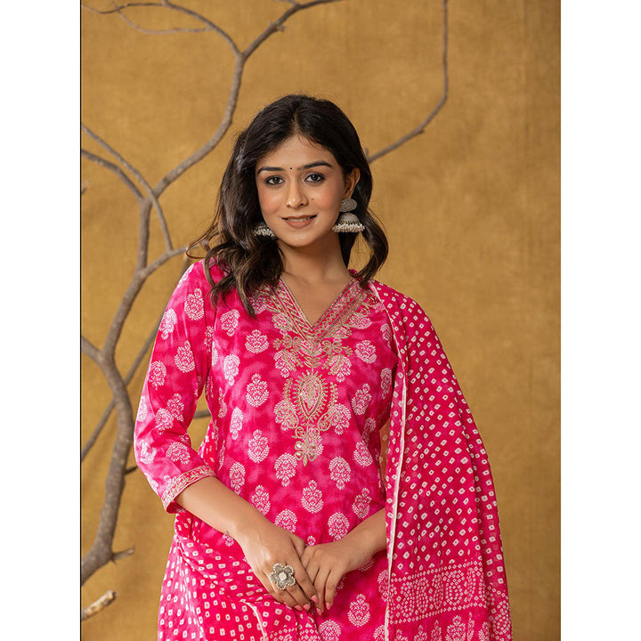 Yufta Pink Cotton Straight Kurta and Pants with Dupatta (Set of 3)