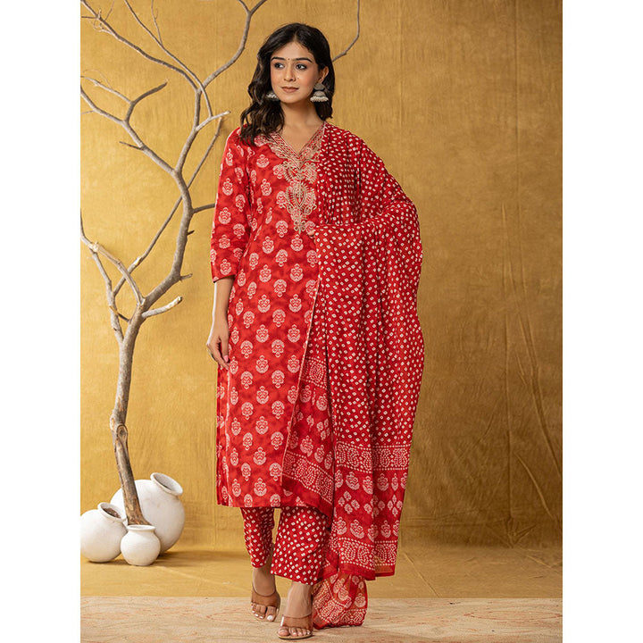 Yufta Red Cotton Straight Kurta and Pants with Dupatta (Set of 3)