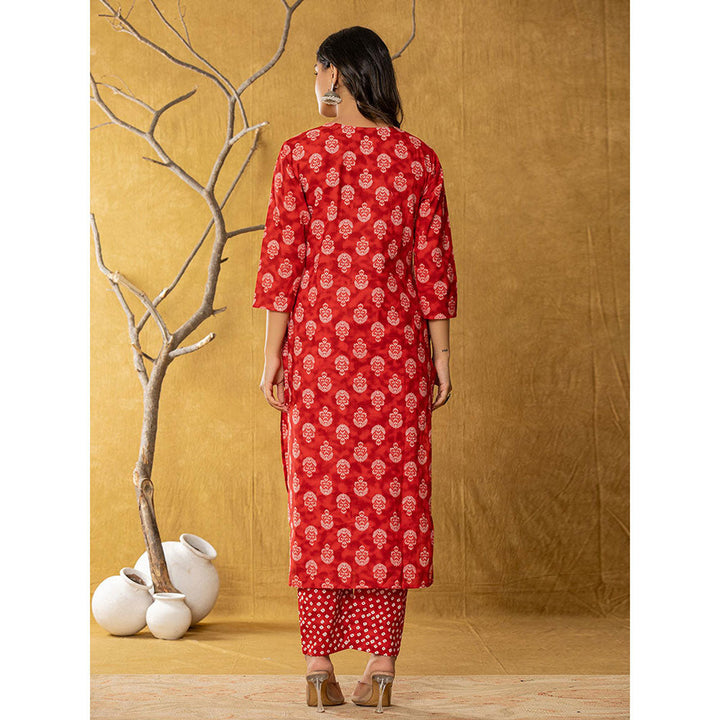 Yufta Red Cotton Straight Kurta and Pants with Dupatta (Set of 3)