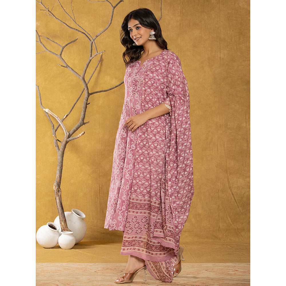 Yufta Pink Cotton Anarkali Kurta and Trousers with Dupatta (Set of 3)