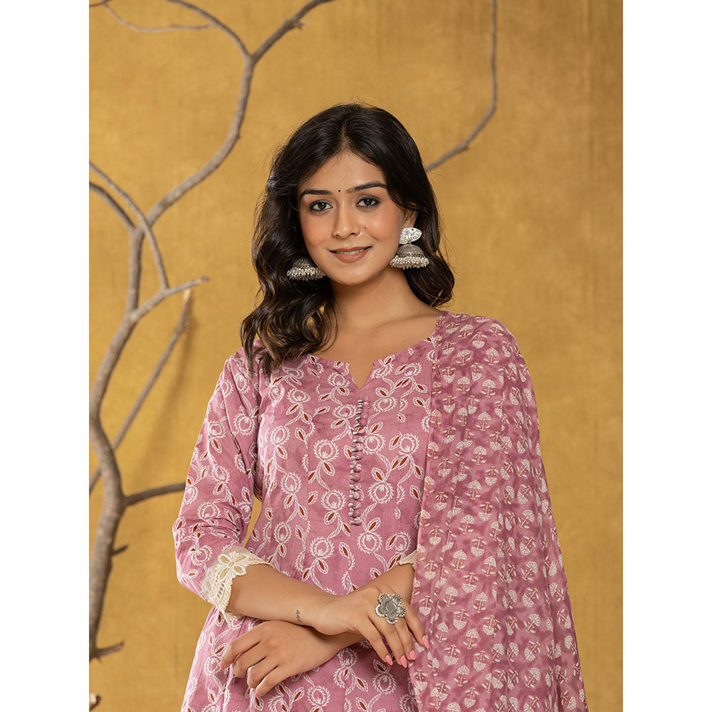 Yufta Pink Cotton Anarkali Kurta and Trousers with Dupatta (Set of 3)