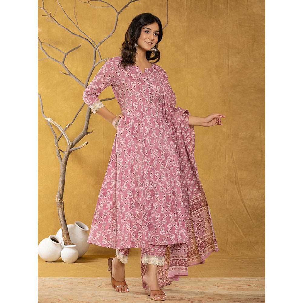 Yufta Pink Cotton Anarkali Kurta and Trousers with Dupatta (Set of 3)