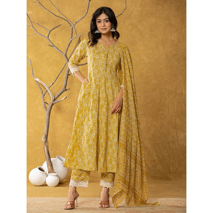 Yufta Mustard Cotton Anarkali Kurta and Trousers with Dupatta (Set of 3)