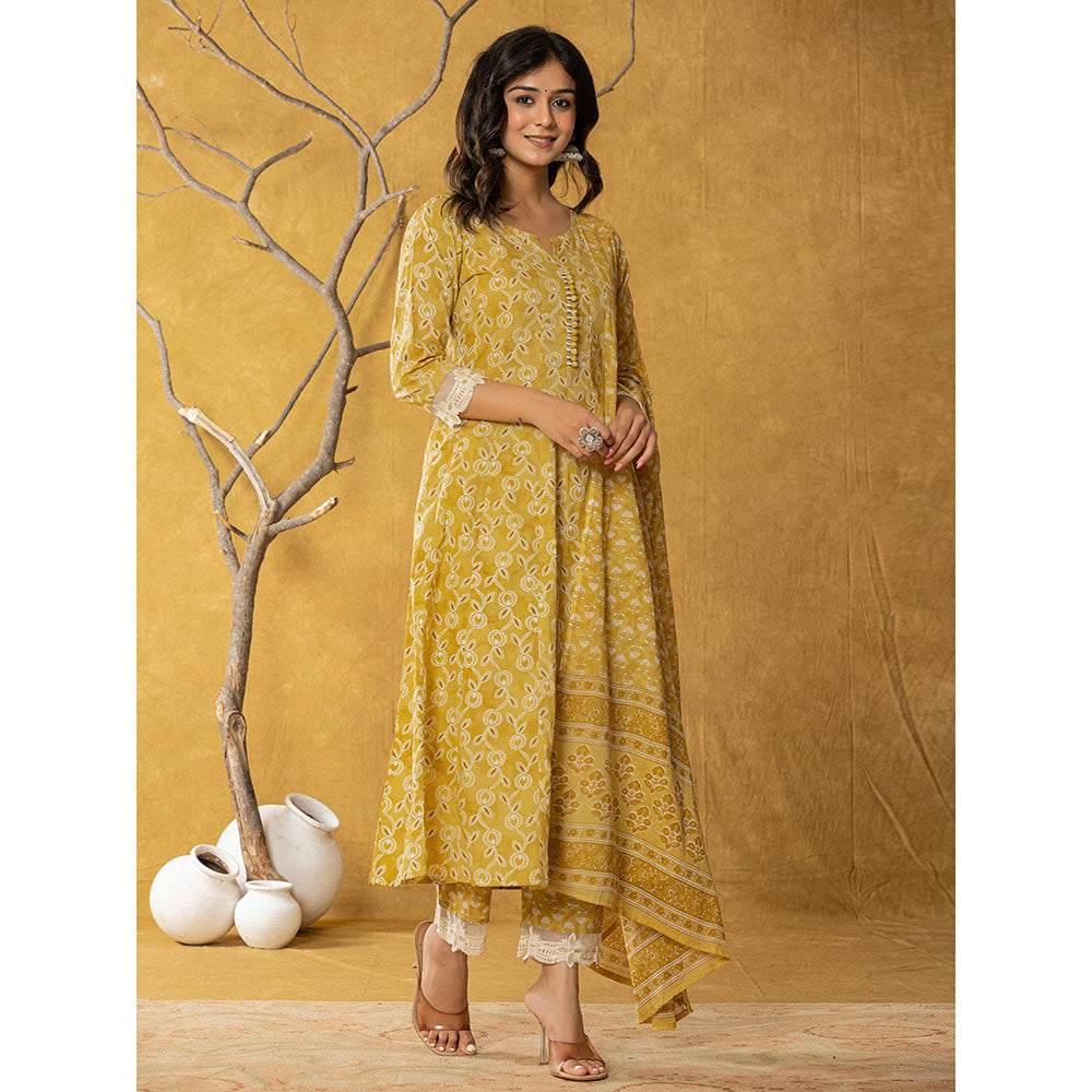 Yufta Mustard Cotton Anarkali Kurta and Trousers with Dupatta (Set of 3)