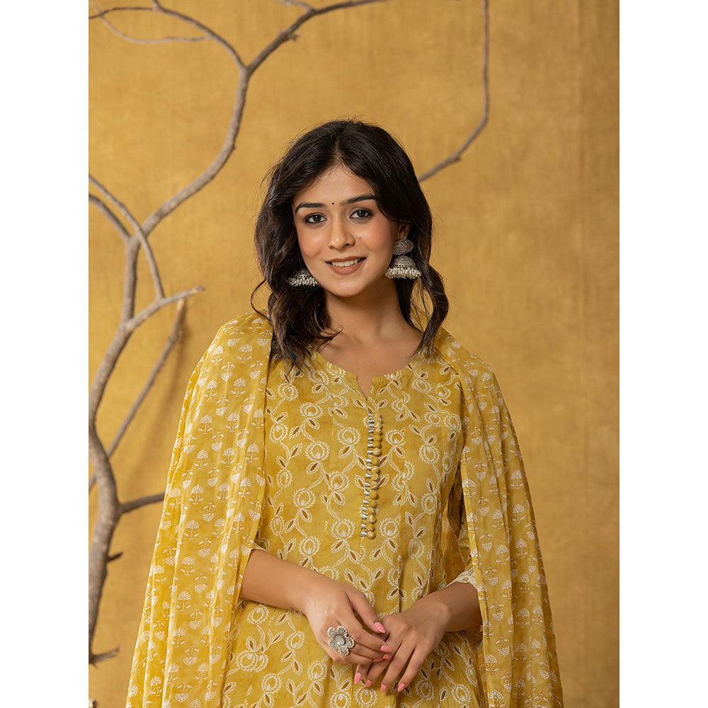 Yufta Mustard Cotton Anarkali Kurta and Trousers with Dupatta (Set of 3)