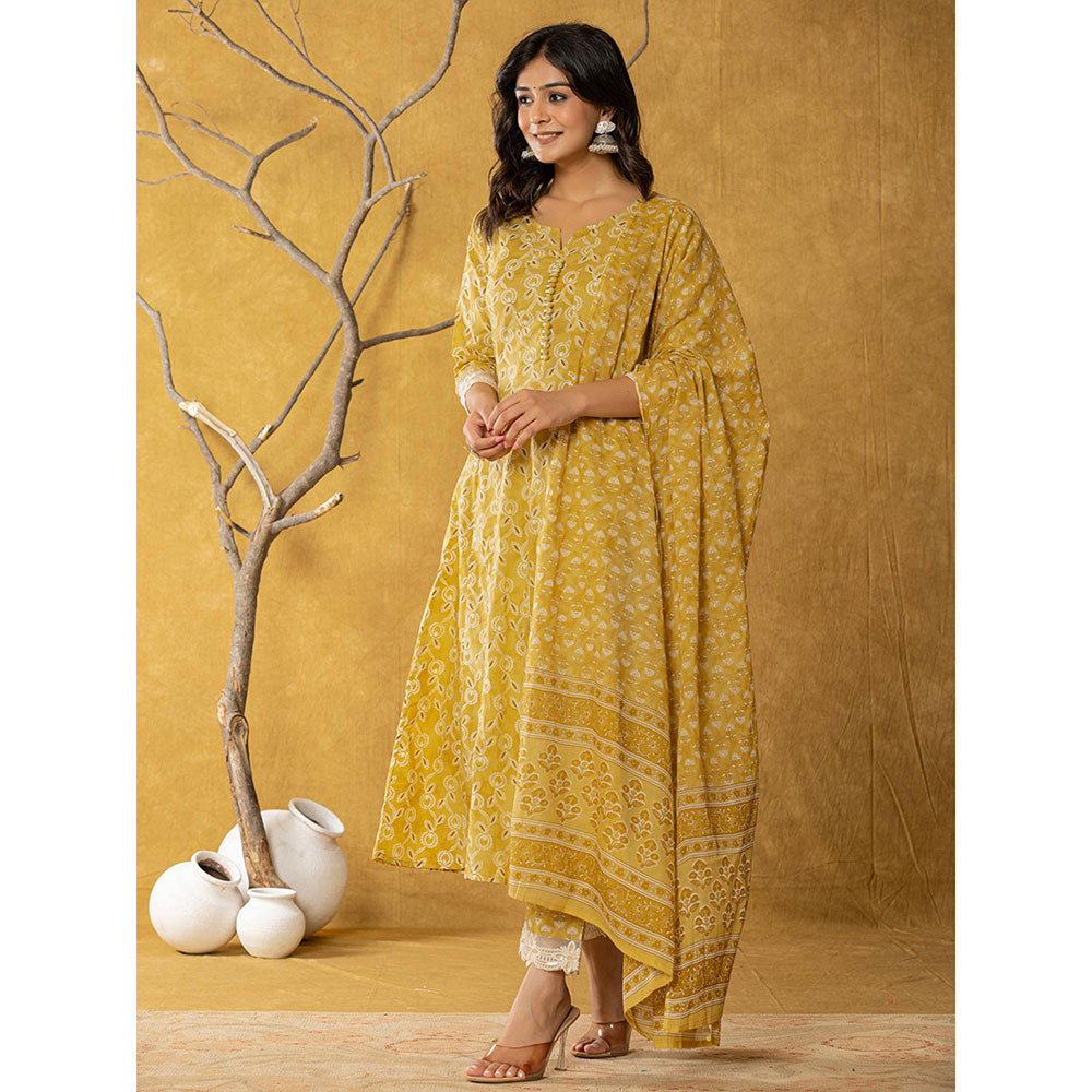 Yufta Mustard Cotton Anarkali Kurta and Trousers with Dupatta (Set of 3)