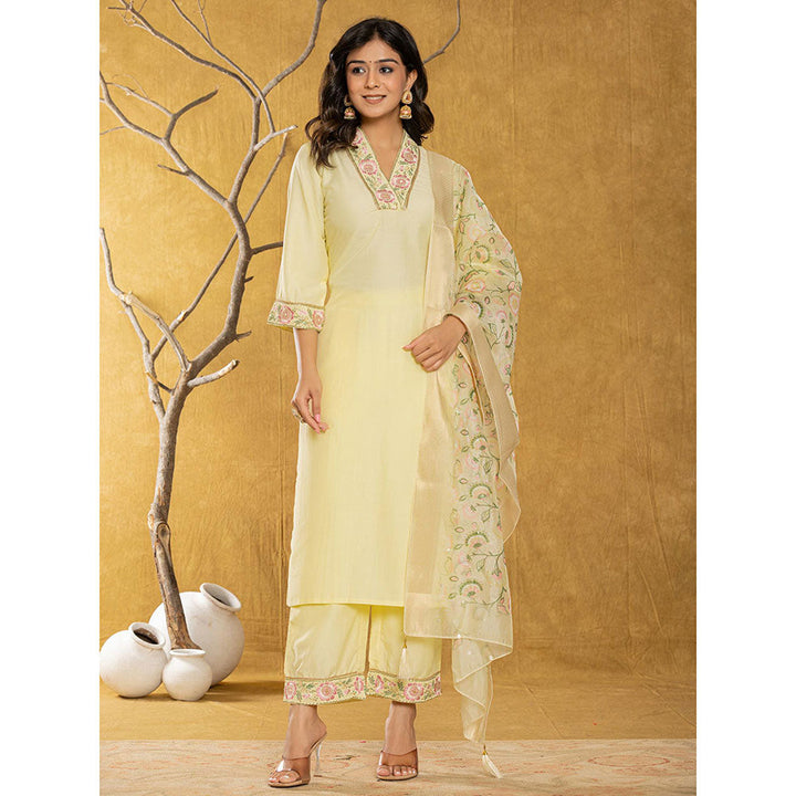 Yufta Yellow Silk Blend Pakistani Style Kurta and Pants with Dupatta (Set of 3)