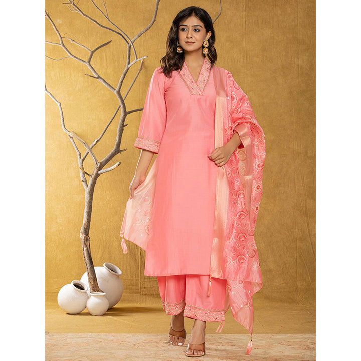 Yufta Pink Silk Blend Pakistani Style Kurta and Pants with Dupatta (Set of 3)