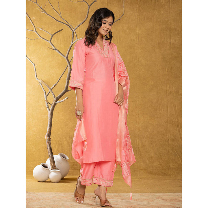 Yufta Pink Silk Blend Pakistani Style Kurta and Pants with Dupatta (Set of 3)