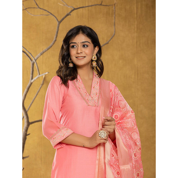 Yufta Pink Silk Blend Pakistani Style Kurta and Pants with Dupatta (Set of 3)