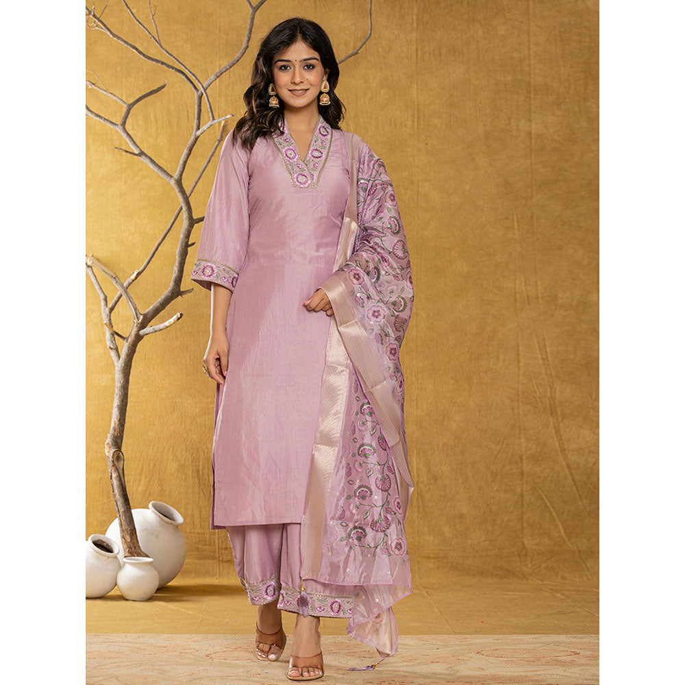 Yufta Purple Silk Blend Pakistani Style Kurta and Pants with Dupatta (Set of 3)