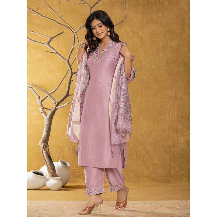 Yufta Purple Silk Blend Pakistani Style Kurta and Pants with Dupatta (Set of 3)