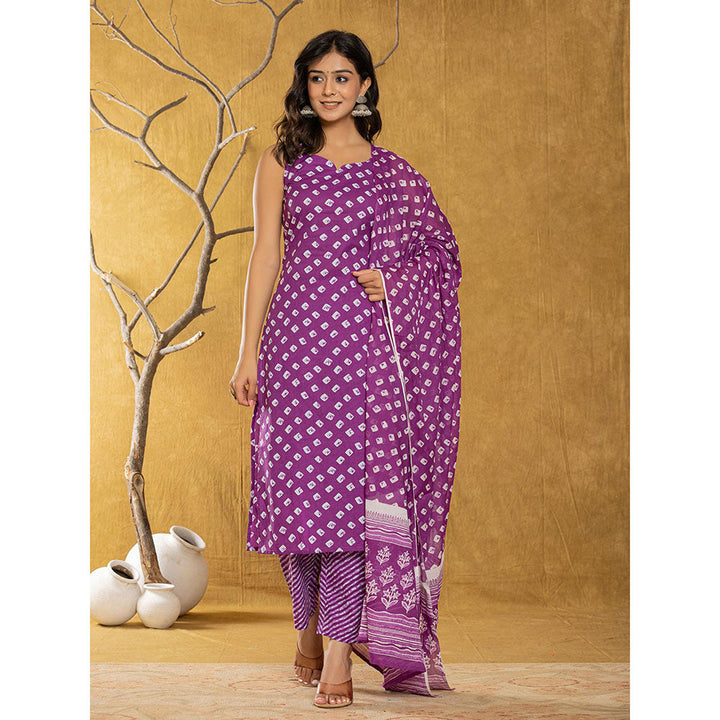 Yufta Purple Bandhani Kurta and Trousers with Dupatta (Set of 3)