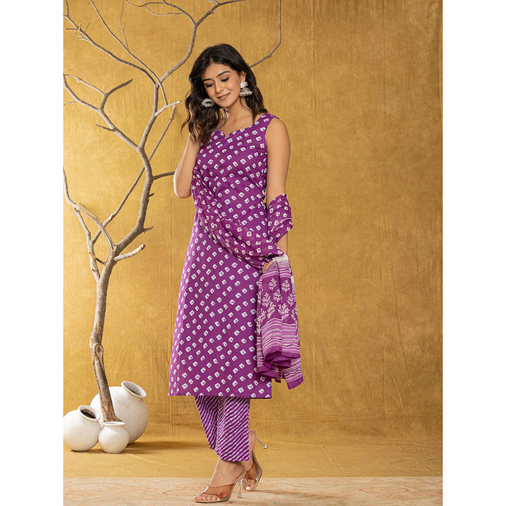 Yufta Purple Bandhani Kurta and Trousers with Dupatta (Set of 3)