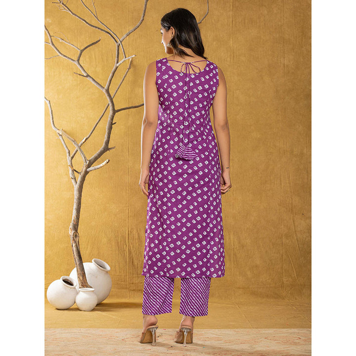 Yufta Purple Bandhani Kurta and Trousers with Dupatta (Set of 3)