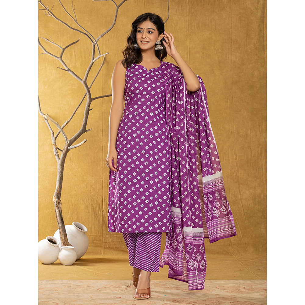 Yufta Purple Bandhani Kurta and Trousers with Dupatta (Set of 3)