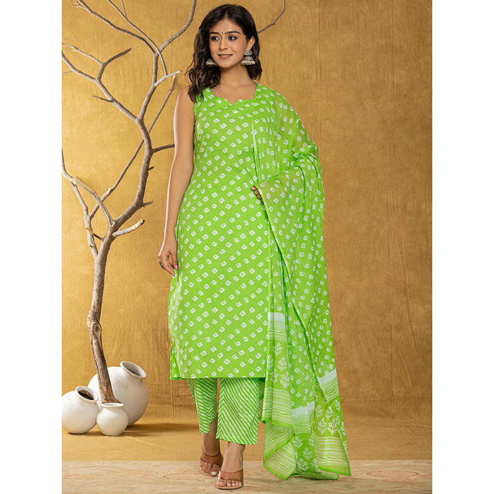 Yufta Green Bandhani Kurta and Trousers with Dupatta (Set of 3)