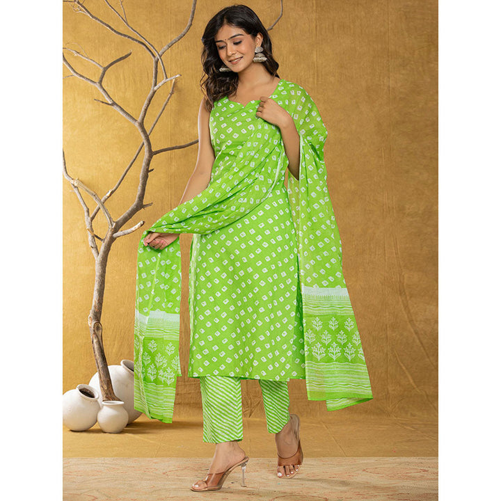 Yufta Green Bandhani Kurta and Trousers with Dupatta (Set of 3)