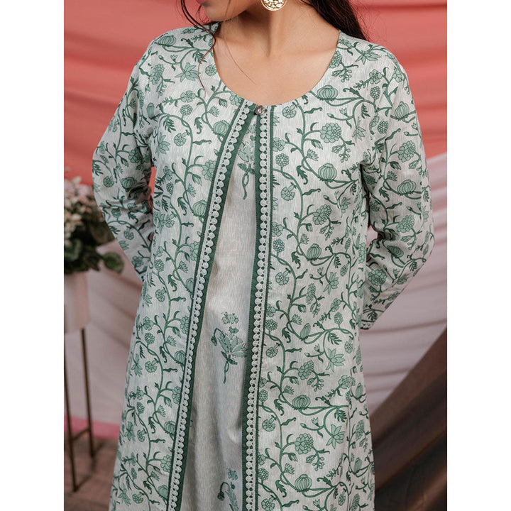 Yufta Green Floral Print Cotton A-Line Kurta and Pants with Jacket (Set of 3)