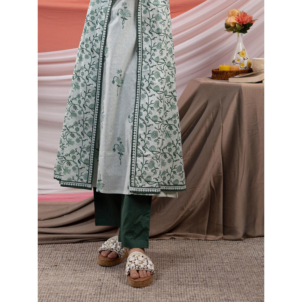 Yufta Green Floral Print Cotton A-Line Kurta and Pants with Jacket (Set of 3)