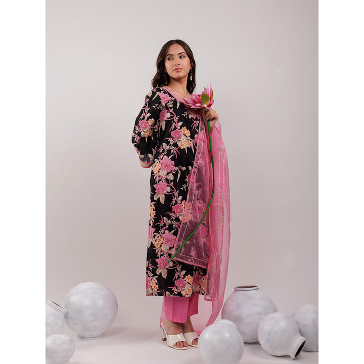 Yufta Black Floral Kurta Trousers with Dupatta (Set of 3)