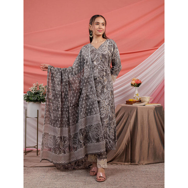 Yufta Grey Floral Print Cotton Straight Kurta and Trousers with Dupatta (Set of 3)