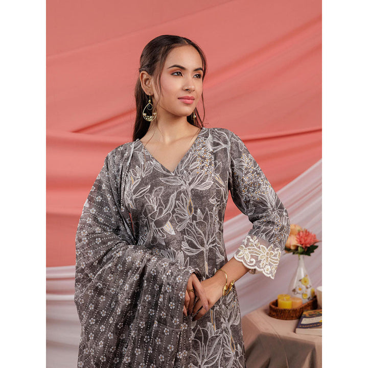 Yufta Grey Floral Print Cotton Straight Kurta and Trousers with Dupatta (Set of 3)