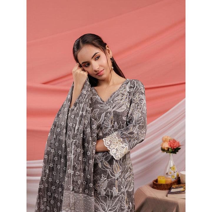 Yufta Grey Floral Print Cotton Straight Kurta and Trousers with Dupatta (Set of 3)