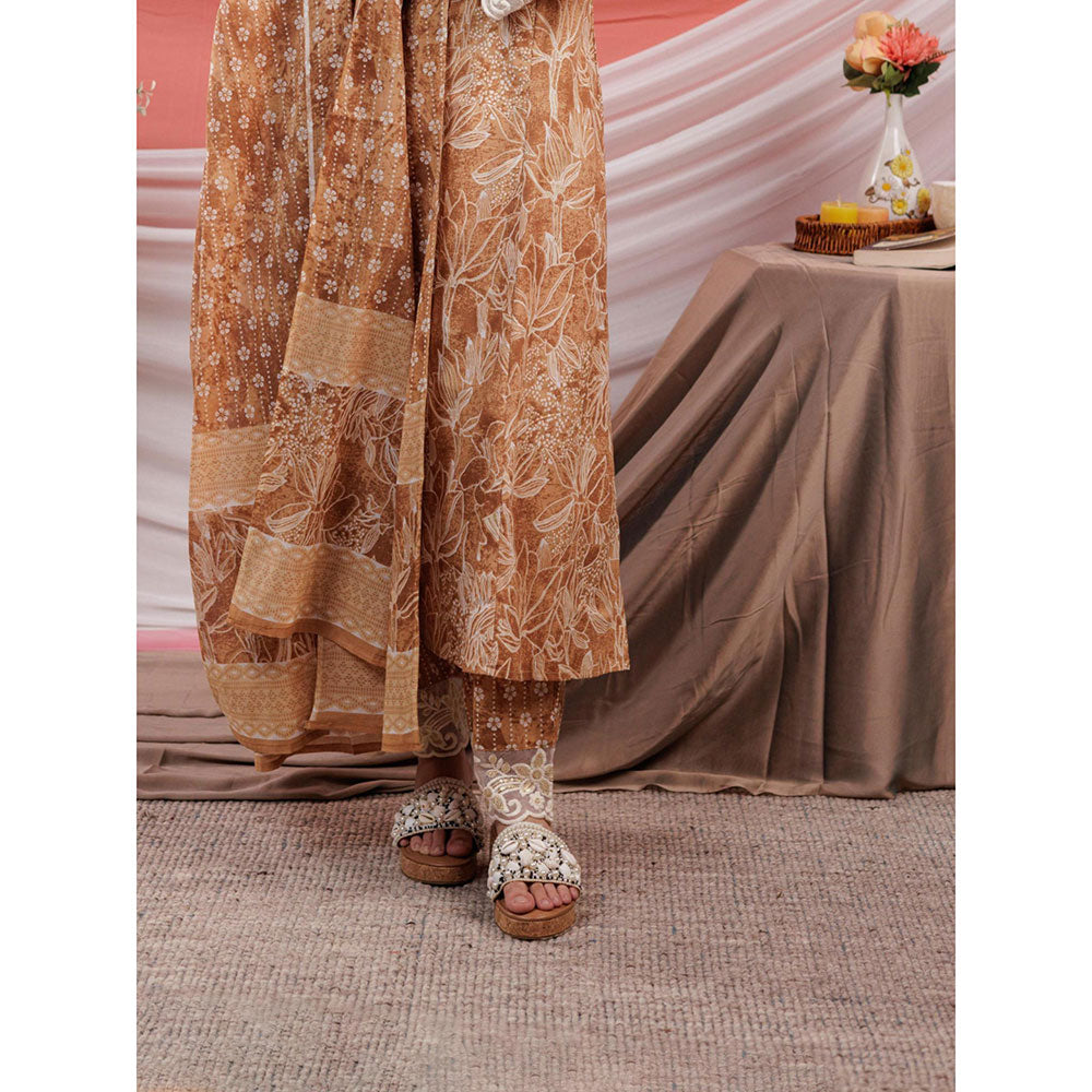 Yufta Brown Floral Print Cotton Straight Kurta and Trousers with Dupatta (Set of 3)