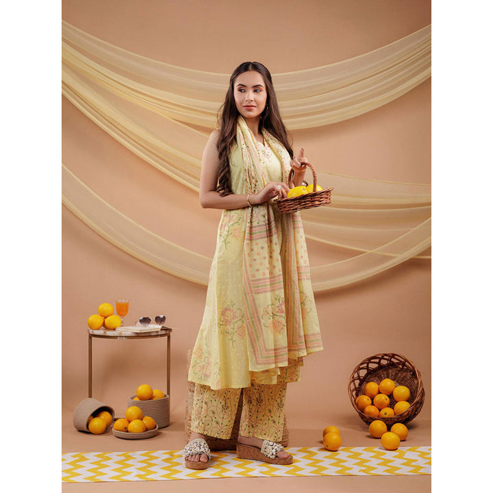 Yufta Cotton Yellow Sleeveless Kurta and Pants with Dupatta (Set of 3)