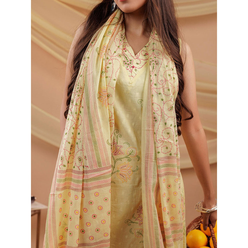 Yufta Cotton Yellow Sleeveless Kurta and Pants with Dupatta (Set of 3)