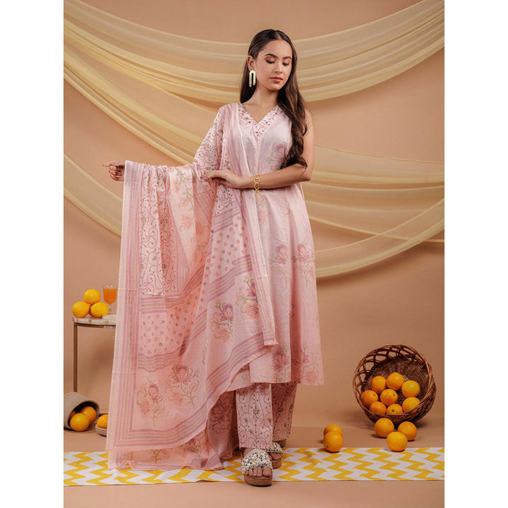 Yufta Cotton Pink Sleeveless Kurta and Pants with Dupatta (Set of 3)