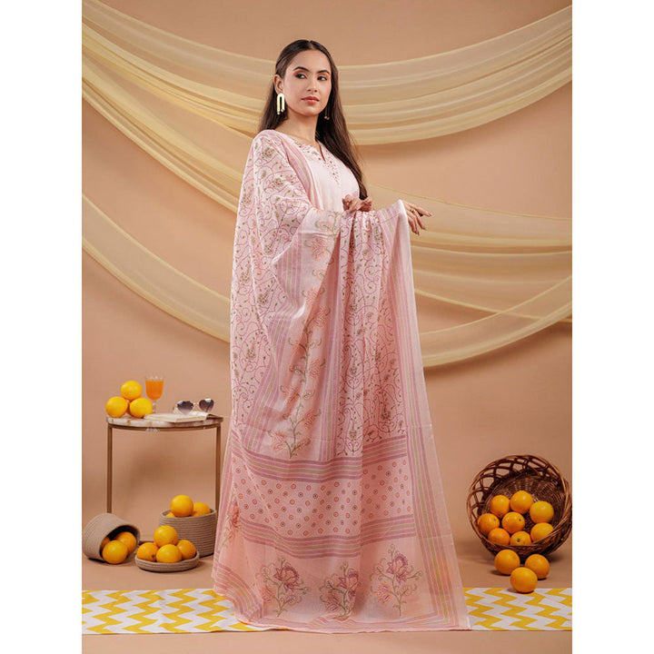 Yufta Cotton Pink Sleeveless Kurta and Pants with Dupatta (Set of 3)