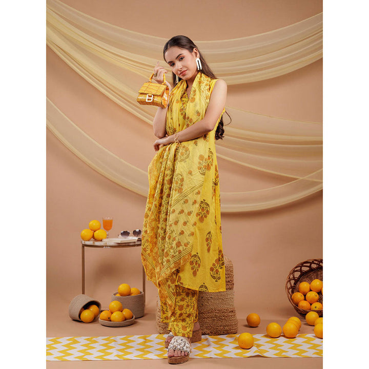 Yufta Mustard Kurta and Pants with Dupatta (Set of 3)