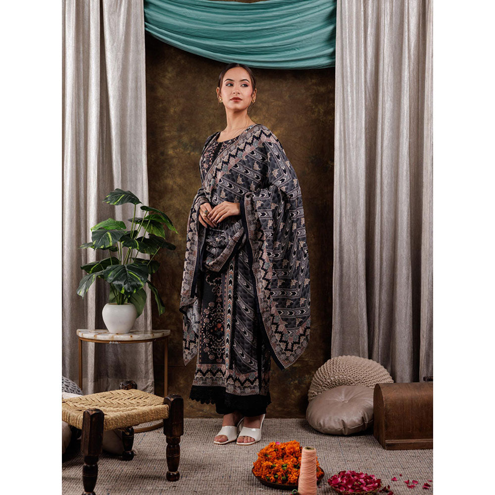 Yufta Pure Muslin Silk Black Kurta and Pants with Dupatta (Set of 3)