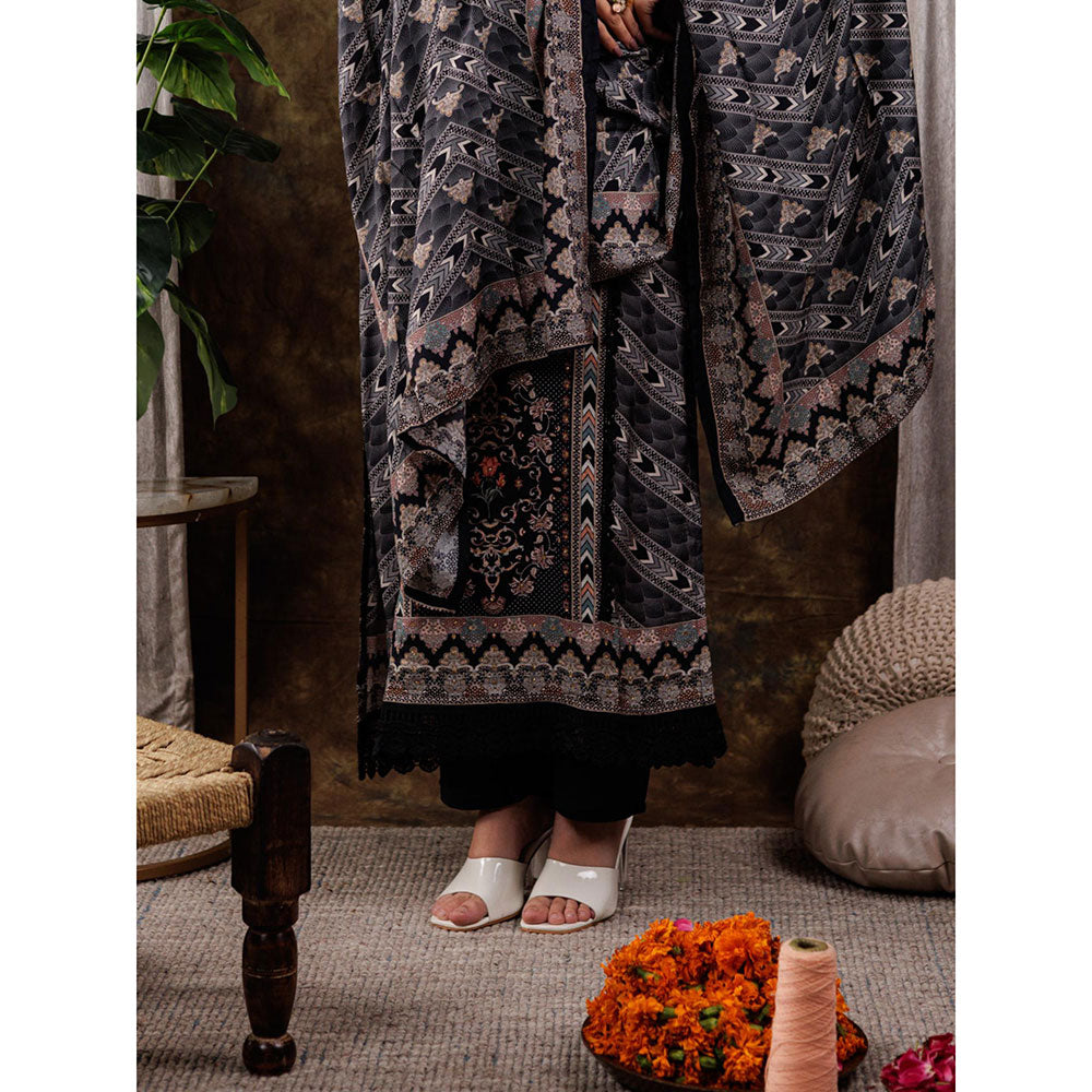 Yufta Pure Muslin Silk Black Kurta and Pants with Dupatta (Set of 3)