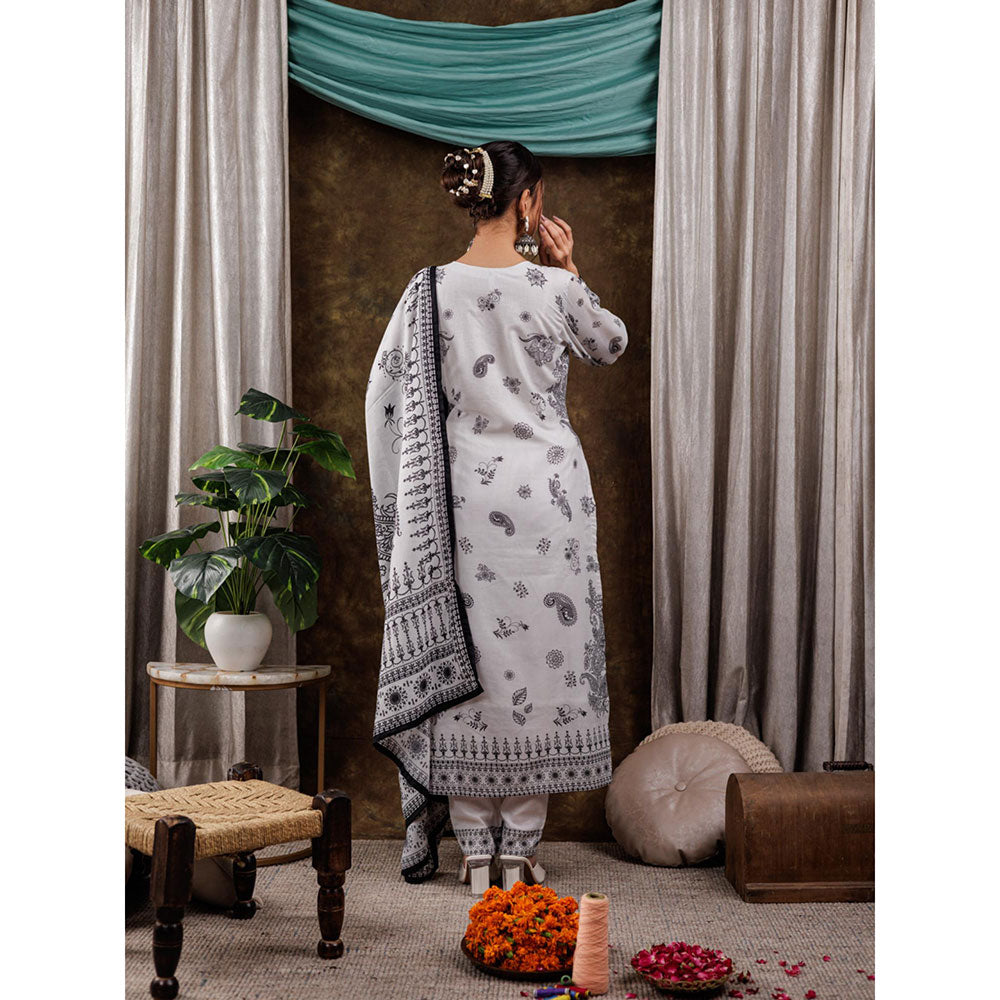 Yufta White Cotton Straight Paisley Kurta and Pants with Dupatta (Set of 3)