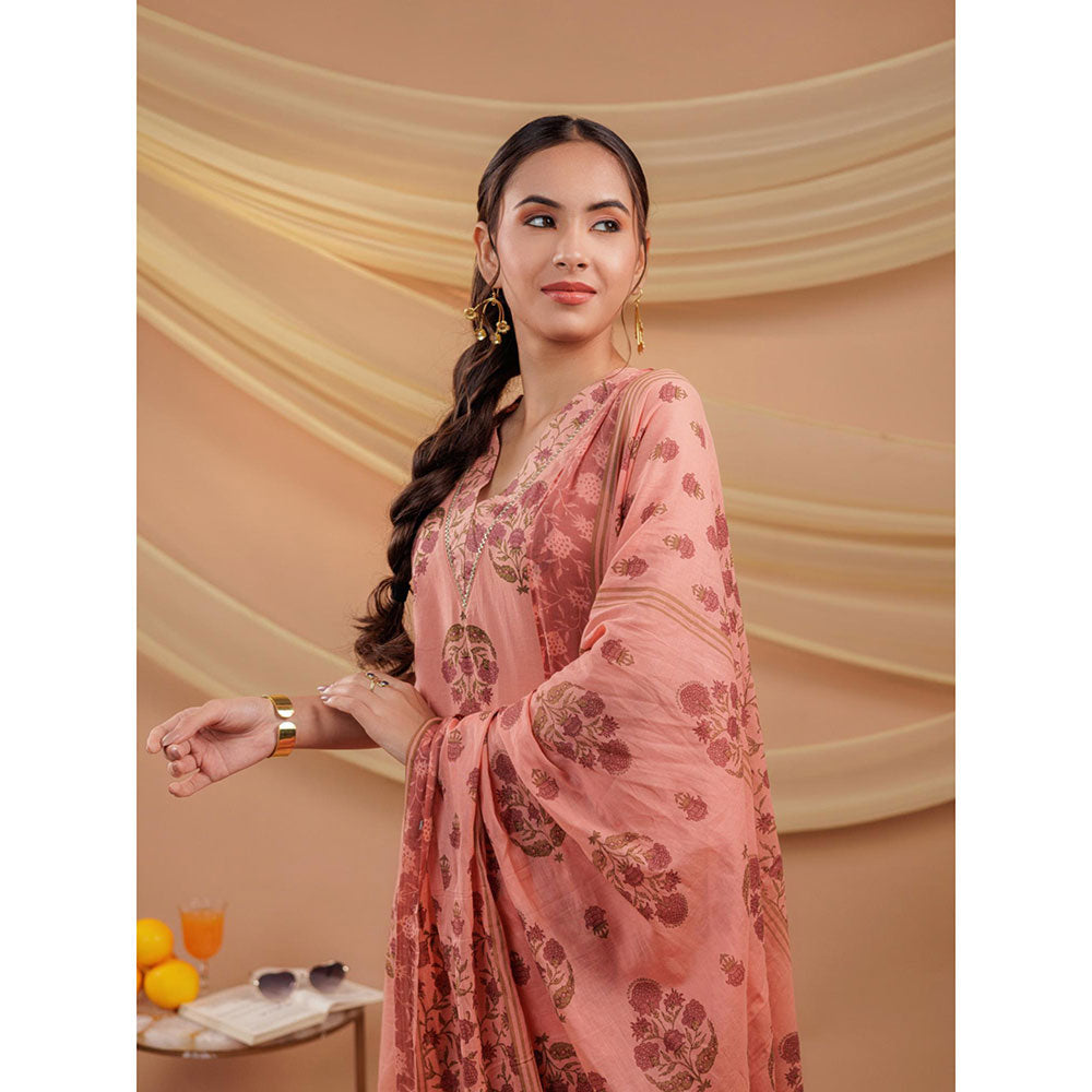 Yufta Peach Pure Cotton A-Line Kurta and Pants with Dupatta (Set of 3)