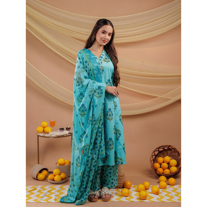 Yufta Blue Pure Cotton A-Line Kurta and Pants with Dupatta (Set of 3)