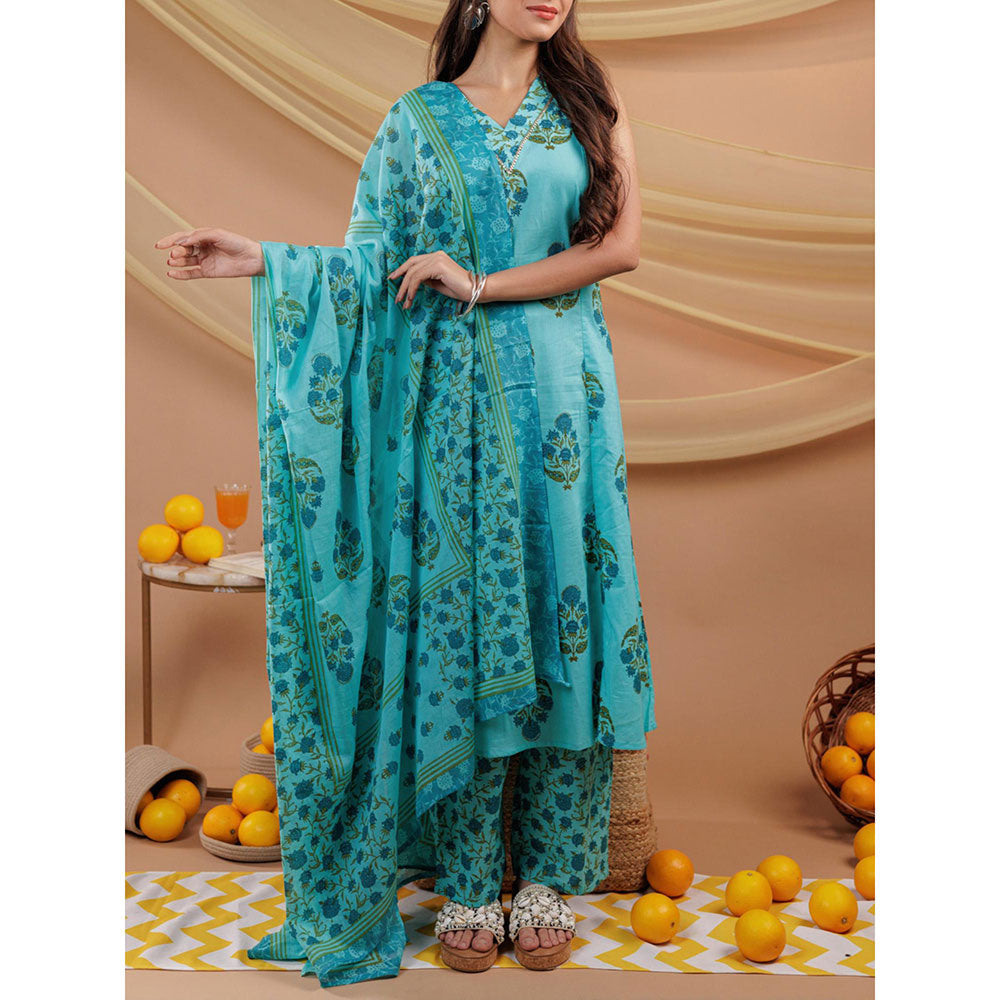 Yufta Blue Pure Cotton A-Line Kurta and Pants with Dupatta (Set of 3)