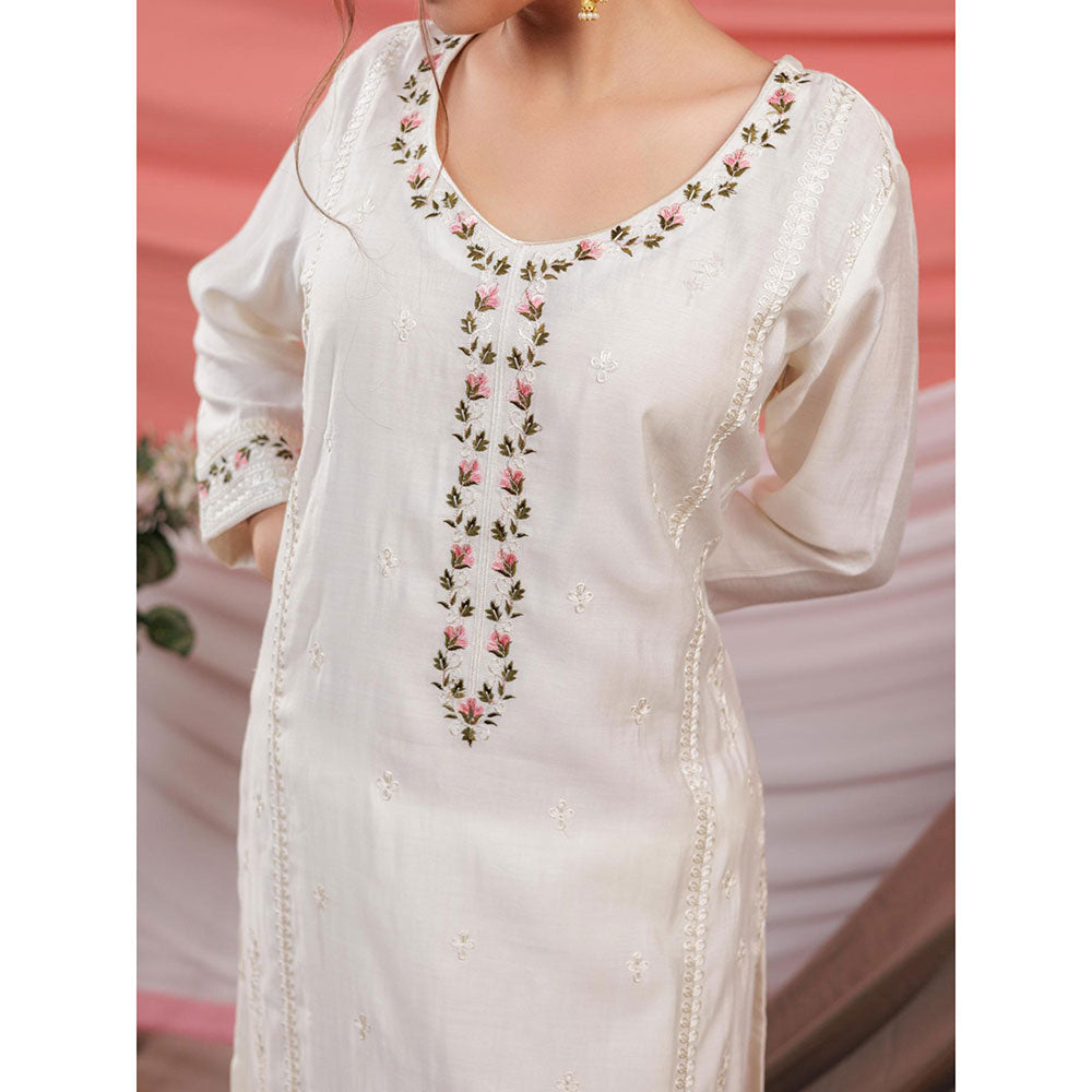 Yufta White Embroidered Kurta and Pants with Dupatta (Set of 3)