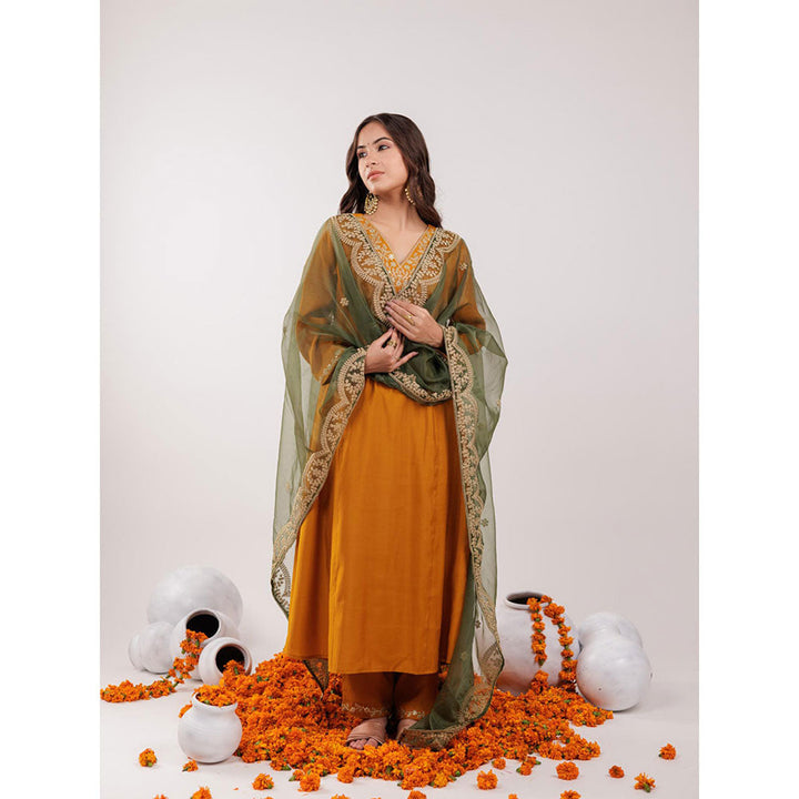 Yufta Mustard Silk Embroidered Kurta and Pants with Dupatta (Set of 3)