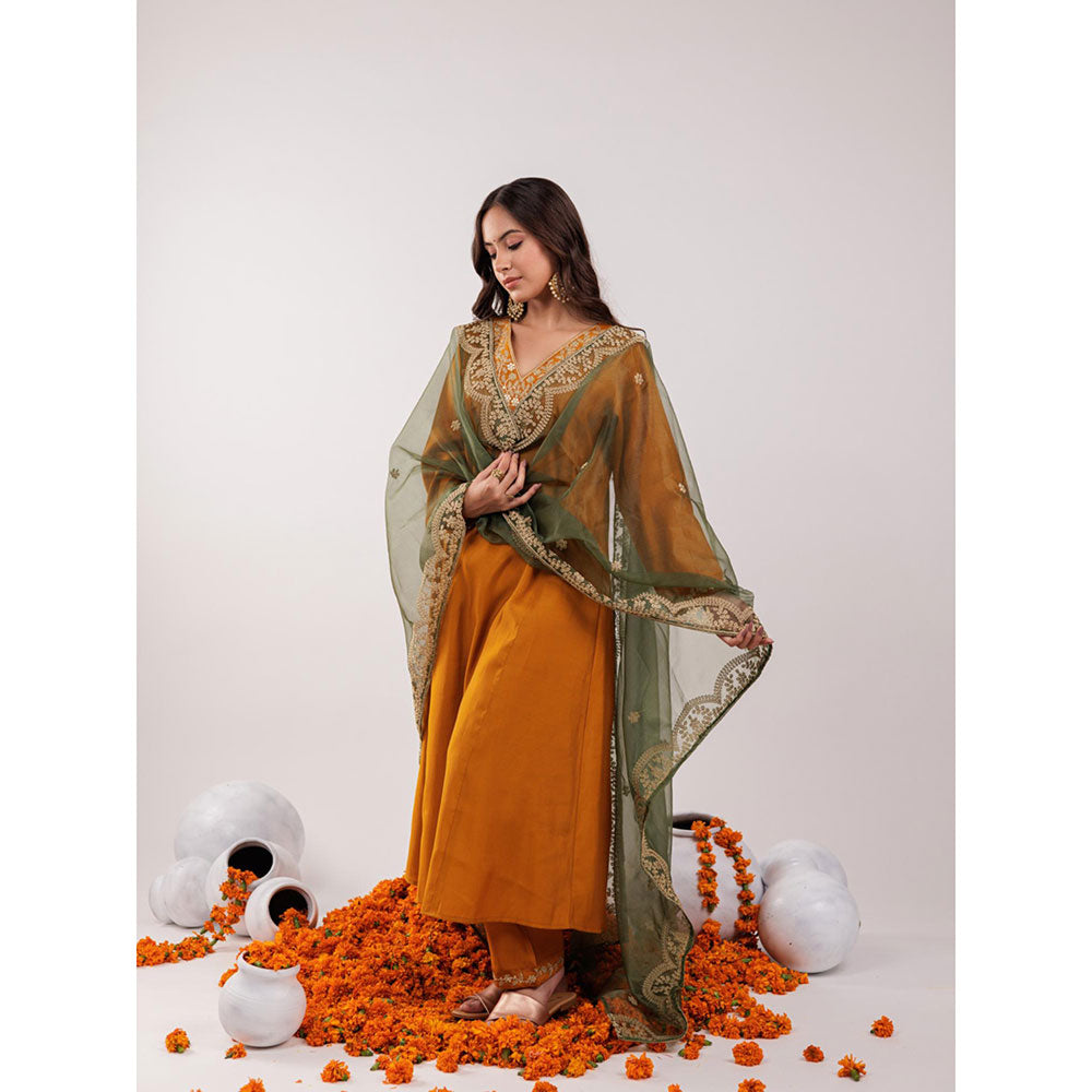 Yufta Mustard Silk Embroidered Kurta and Pants with Dupatta (Set of 3)