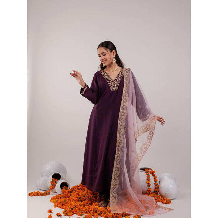 Yufta Purple Silk Embroidered Kurta and Pants with Dupatta (Set of 3)