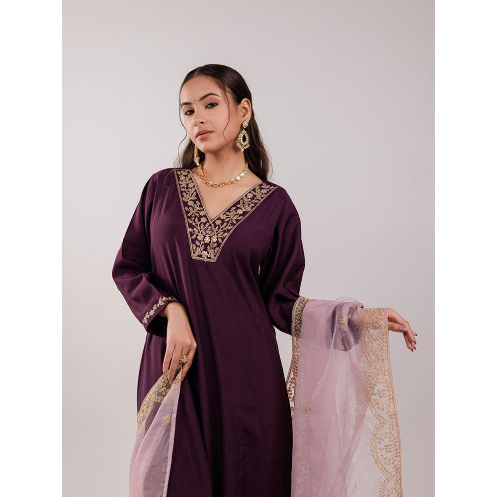 Yufta Purple Silk Embroidered Kurta and Pants with Dupatta (Set of 3)